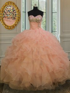 Stylish Peach Vestidos de Quinceanera Military Ball and Sweet 16 and Quinceanera and For with Beading and Ruffles Sweetheart Sleeveless Lace Up