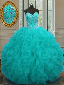 Aqua Blue Sleeveless Floor Length Beading and Ruffles Lace Up Sweet 16 Dresses