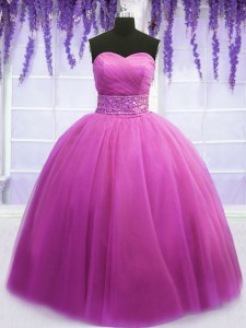 Designer Sleeveless Tulle Floor Length Lace Up Vestidos de Quinceanera in Lilac with Beading and Belt