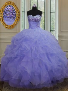 Great Floor Length Lace Up Quinceanera Dress Lavender for Military Ball and Sweet 16 and Quinceanera with Beading and Ruffles