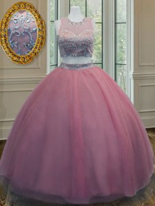Smart Pink Tulle Zipper Scoop Sleeveless Floor Length Quinceanera Gown Ruffled Layers and Sashes ribbons