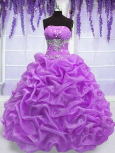 Modern Lilac Lace Up Quince Ball Gowns Beading Sleeveless Floor Length