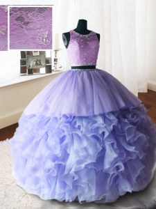 Wonderful Brush Train Ball Gowns Quinceanera Gowns Lavender Scoop Organza and Tulle and Lace Sleeveless With Train Zipper