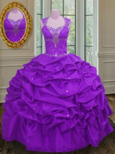 Adorable Straps Sleeveless 15 Quinceanera Dress Floor Length Beading and Pick Ups Purple Taffeta