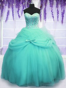 Sleeveless Tulle Floor Length Lace Up Vestidos de Quinceanera in Aqua Blue with Beading and Sequins and Bowknot