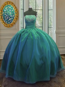 Teal Strapless Neckline Sequins Quinceanera Gown Sleeveless Lace Up