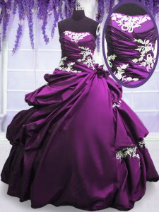 Purple Taffeta Lace Up Quince Ball Gowns Sleeveless Floor Length Appliques and Pick Ups