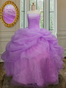 Trendy Strapless Sleeveless Organza Quinceanera Gown Embroidery and Pick Ups Lace Up