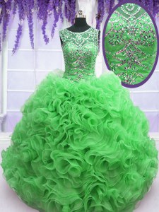 Sweet Green Sweet 16 Quinceanera Dress Military Ball and Sweet 16 and Quinceanera and For with Beading and Ruffles Scoop Sleeveless Lace Up