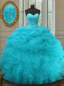 Ideal Aqua Blue Sweetheart Lace Up Beading and Ruffles and Pick Ups Quinceanera Gowns Sleeveless