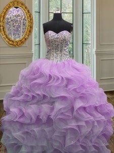 Simple Lilac Organza Lace Up Quinceanera Gown Sleeveless Floor Length Beading and Ruffles
