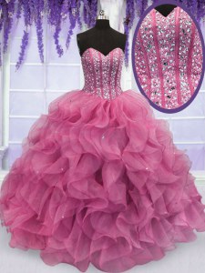 Organza Sweetheart Sleeveless Lace Up Beading and Ruffles 15th Birthday Dress in Rose Pink