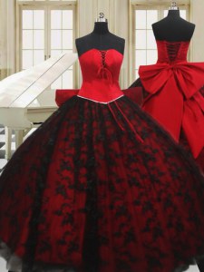 Flirting Red Ball Gowns Organza Strapless Sleeveless Beading and Bowknot Floor Length Lace Up Vestidos de Quinceanera