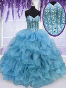 Luxury Floor Length Aqua Blue Sweet 16 Dresses Sweetheart Sleeveless Lace Up