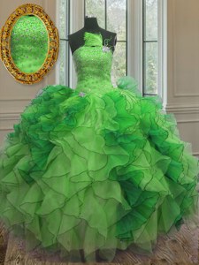 Green Lace Up Strapless Beading and Ruffles Quinceanera Dresses Organza Sleeveless
