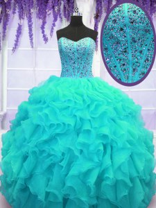 Aqua Blue Lace Up Sweet 16 Dress Beading and Ruffles Sleeveless Floor Length