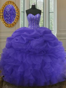 Best Selling Sleeveless Organza Floor Length Lace Up Sweet 16 Dress in Purple with Beading and Ruffles and Pick Ups