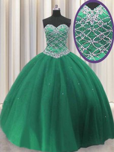 Low Price Dark Green Lace Up Quinceanera Gown Beading and Sequins Sleeveless Floor Length
