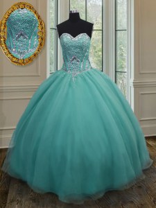 Sleeveless Floor Length Beading Lace Up Sweet 16 Dresses with Turquoise