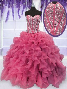 Pink Quinceanera Gown Military Ball and Sweet 16 and Quinceanera and For with Beading and Ruffles Sweetheart Sleeveless Lace Up