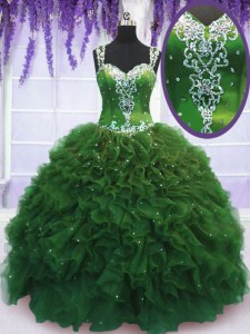 Luxury Straps Green Ball Gowns Beading and Ruffles 15 Quinceanera Dress Zipper Tulle Sleeveless Floor Length
