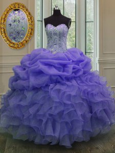 Attractive Lavender Ball Gowns Beading and Ruffles and Pick Ups 15 Quinceanera Dress Lace Up Organza Sleeveless Floor Length