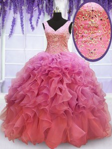 V-neck Sleeveless Sweet 16 Dresses Floor Length Beading and Embroidery and Ruffles Pink Organza