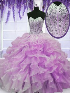 Lilac Ball Gowns Sweetheart Sleeveless Organza Floor Length Zipper Beading and Ruffles 15 Quinceanera Dress