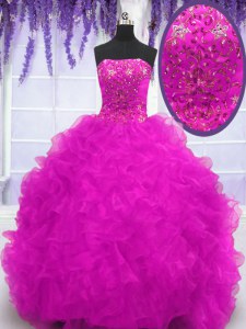 Fuchsia Ball Gowns Organza Strapless Sleeveless Beading and Appliques and Ruffles With Train Lace Up Ball Gown Prom Dress Brush Train