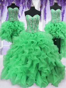 Customized Four Piece Sleeveless Lace Up Floor Length Beading and Ruffles Sweet 16 Dress