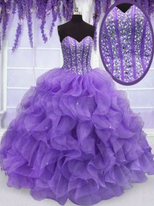 Lavender Ball Gowns Sweetheart Sleeveless Organza Floor Length Lace Up Beading and Ruffles 15 Quinceanera Dress