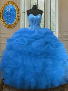 Luxury Pick Ups Blue Sleeveless Organza Lace Up Sweet 16 Dresses for Military Ball and Sweet 16 and Quinceanera