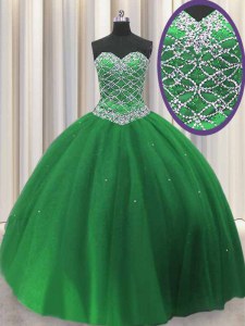 Elegant Green Sleeveless Tulle Lace Up 15 Quinceanera Dress for Military Ball and Sweet 16 and Quinceanera