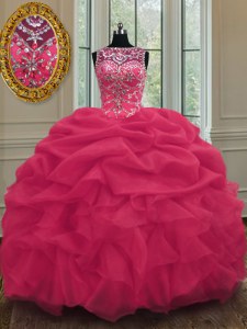 Comfortable Scoop Floor Length Lace Up Quinceanera Dresses Coral Red for Military Ball and Sweet 16 and Quinceanera with Beading and Pick Ups
