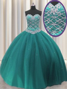 High End Sequins Sweetheart Sleeveless Lace Up Ball Gown Prom Dress Teal Tulle