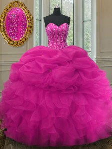 Discount Fuchsia Sweetheart Lace Up Beading and Ruffles and Pick Ups Ball Gown Prom Dress Sleeveless