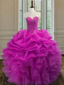 Fuchsia Ball Gowns Organza Sweetheart Sleeveless Beading and Ruffles Floor Length Lace Up 15 Quinceanera Dress