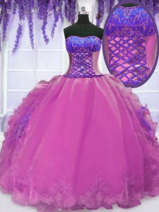 New Style Ball Gowns Quinceanera Dresses Lilac Strapless Organza Sleeveless Floor Length Lace Up