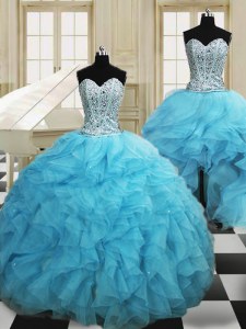 Three Piece Baby Blue Sweetheart Lace Up Beading and Ruffles Ball Gown Prom Dress Sleeveless