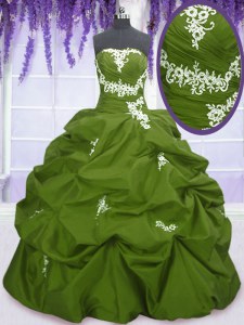 Olive Green Ball Gowns Taffeta Strapless Sleeveless Appliques and Pick Ups Floor Length Lace Up Quince Ball Gowns