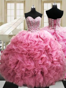 Stunning Rose Pink Lace Up Quinceanera Dress Beading and Ruffles Sleeveless Floor Length