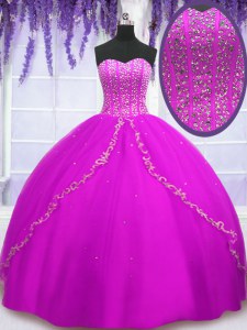 Sleeveless Tulle Floor Length Lace Up Sweet 16 Dress in Fuchsia with Beading