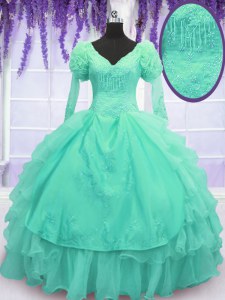Long Sleeves Floor Length Beading and Embroidery and Hand Made Flower Lace Up Vestidos de Quinceanera with Turquoise