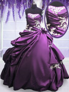Purple Ball Gowns Strapless Sleeveless Taffeta Floor Length Lace Up Appliques and Pick Ups Vestidos de Quinceanera