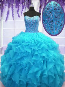 Decent Baby Blue Organza Lace Up Ball Gown Prom Dress Sleeveless Floor Length Beading and Ruffles
