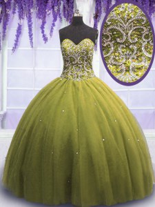 Inexpensive Sweetheart Sleeveless Lace Up 15th Birthday Dress Olive Green Tulle