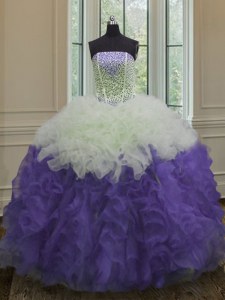 Floor Length White And Purple Quince Ball Gowns Organza Sleeveless Beading and Ruffles