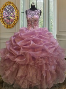 Scoop Sleeveless Lace Up Floor Length Beading and Ruffles and Pick Ups Sweet 16 Dresses
