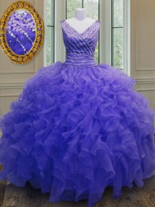 Flirting Purple Organza Zipper V-neck Sleeveless Floor Length Quince Ball Gowns Beading and Ruffles