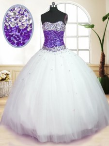 Graceful Floor Length White And Purple Quinceanera Dresses Sweetheart Sleeveless Lace Up